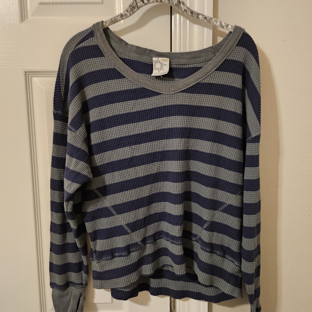 Aerie Navy and Gray Striped V-Neck Sweater